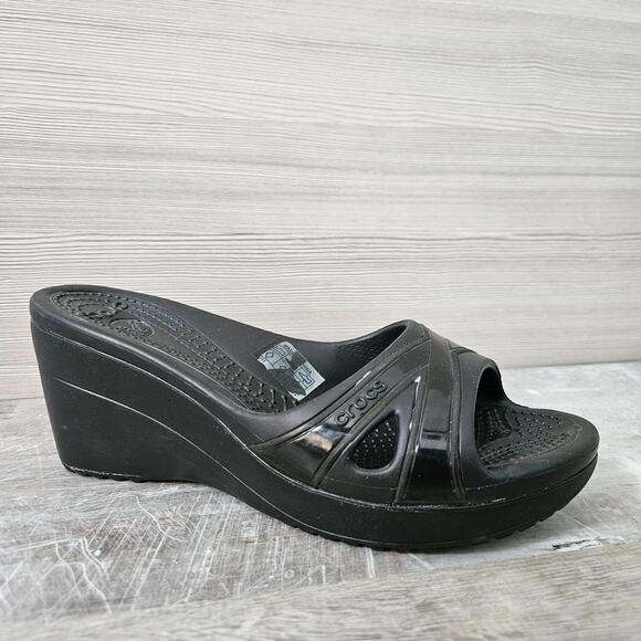 Crocs Jenee Black Womens Wedge Slip On Sandals Size 7 Narrow from Japan - Picture 1 of 16